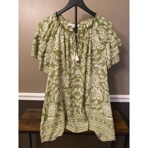 Rose & Olive Green and White Floral Print Blouse Ruffled Neckline Tassels Sz 2XL